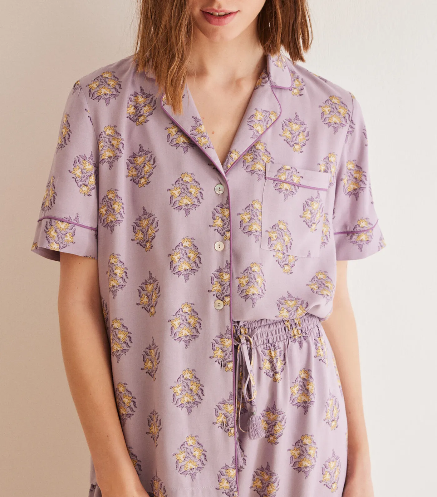 Purple Flower Short Sleeve Shirt Pajama Set