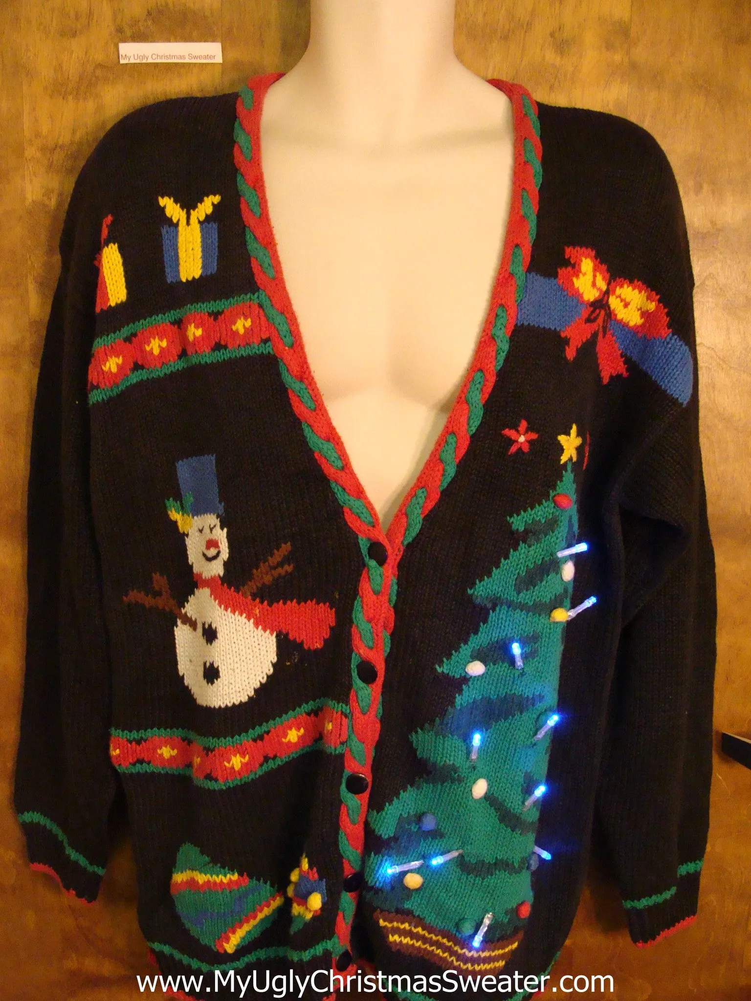 Retro 80s Tree and Snowman Cute Christmas Sweater with Lights