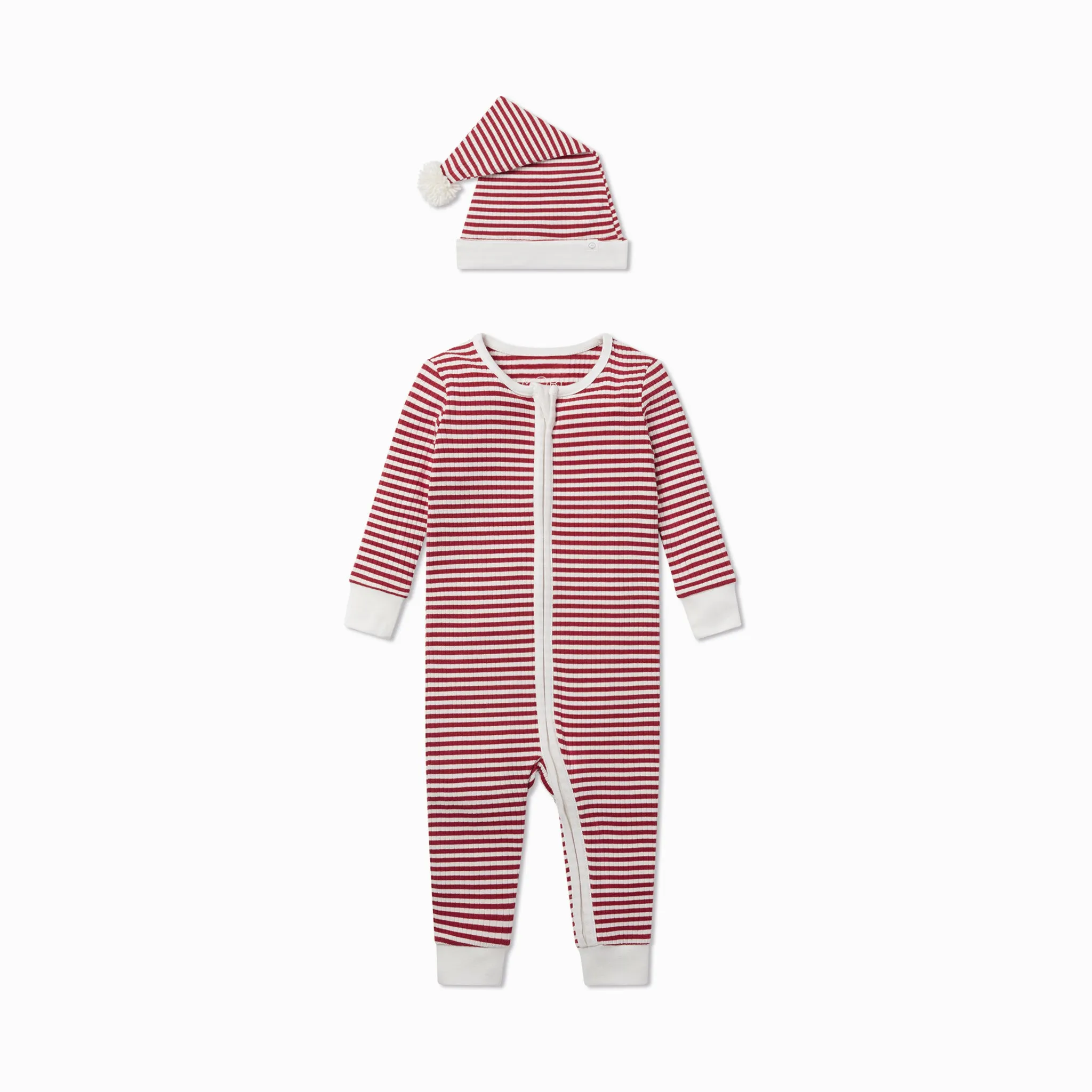 Ruby Stripe Ribbed Clever Zip Snug Fit Pajamas & Elf Hat