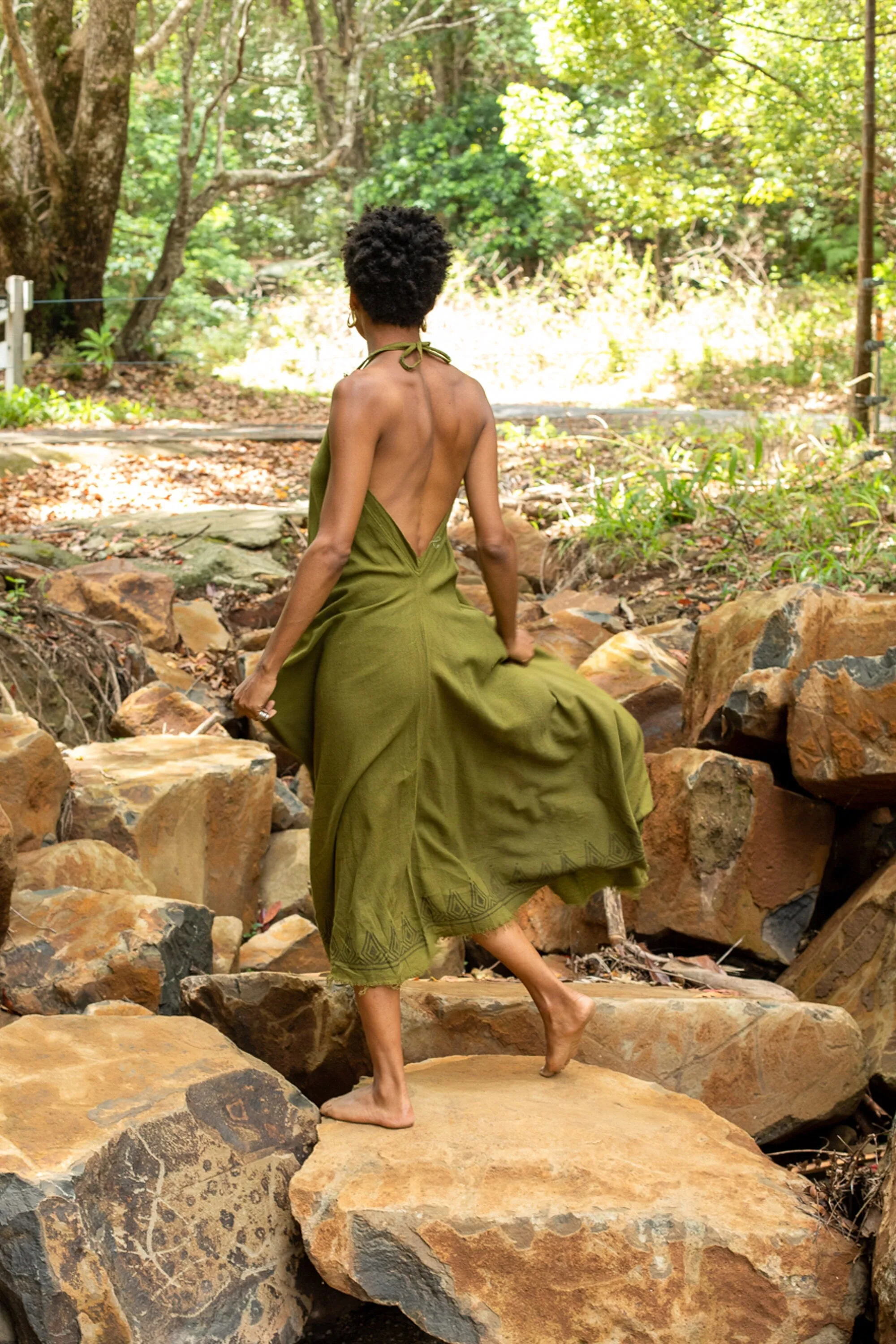 SELENA Long Dress Goddess Olive Green Maxi Open Back Cotton Festival Boho Naturally Dyed Block Printed Tribal Hippie Patterns Earthy AJJAYA