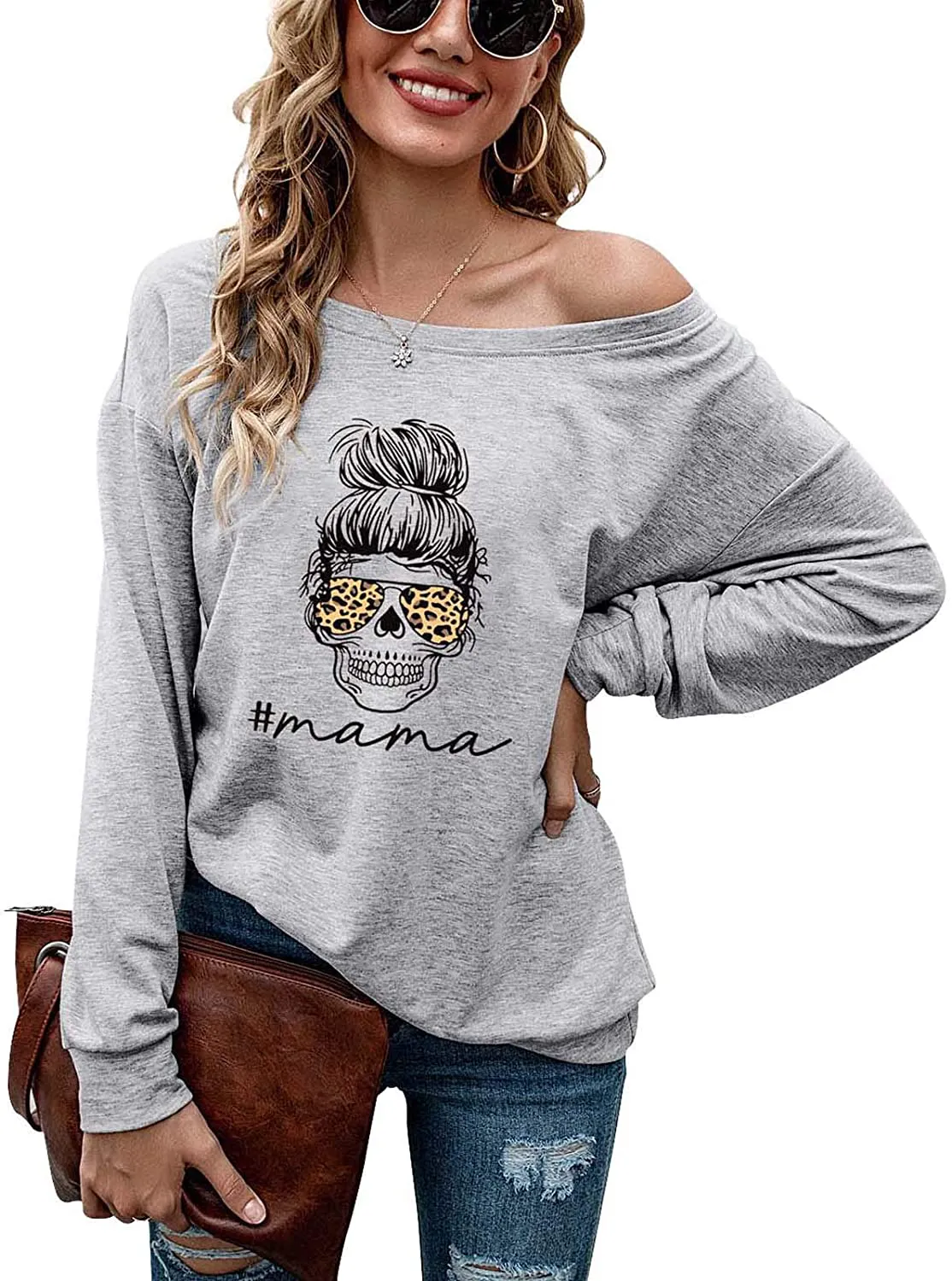 SENFURE Women One Shoulder Sweatshirt Long Sleeve Funny Print Fall Thin Pullover Sweatshirt Top Shirt