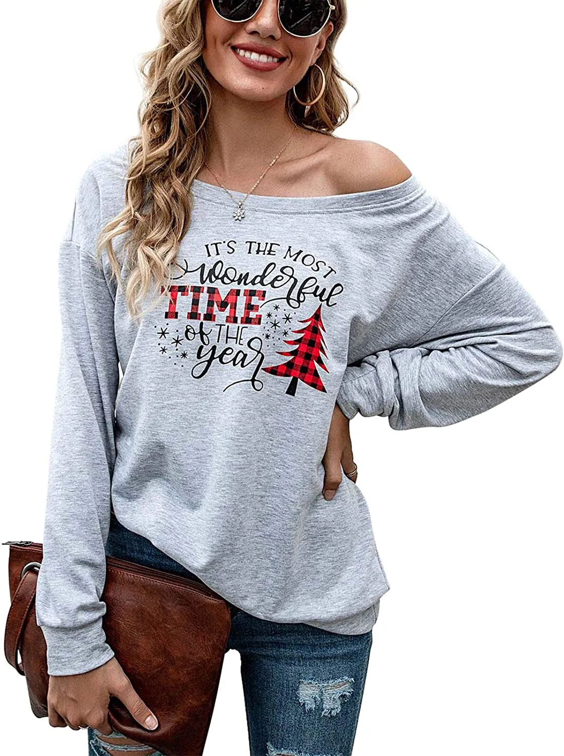 SENFURE Women One Shoulder Sweatshirt Long Sleeve Funny Print Fall Thin Pullover Sweatshirt Top Shirt