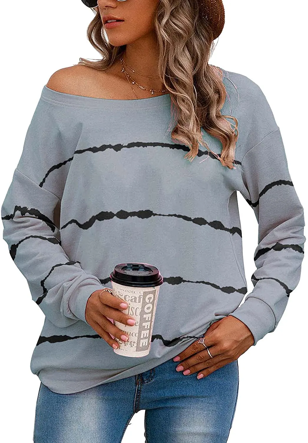 SENFURE Women One Shoulder Sweatshirt Long Sleeve Funny Print Fall Thin Pullover Sweatshirt Top Shirt