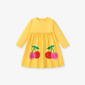 Toddler/Kid Girl's Long Sleeve Cartoon Cherry Design Yellow Dress