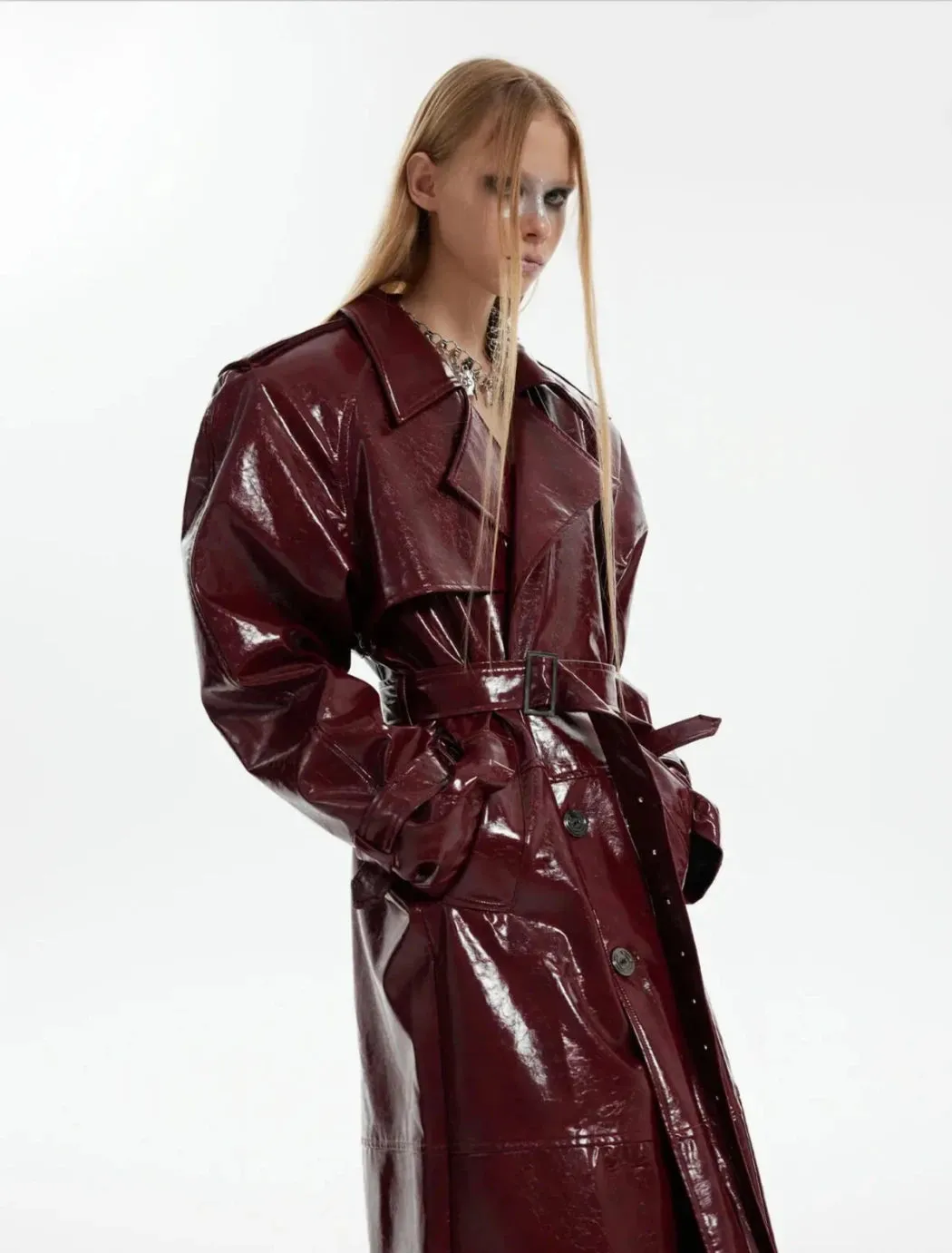 Unisex Extra Long Patent Faux Leather Trench Coat