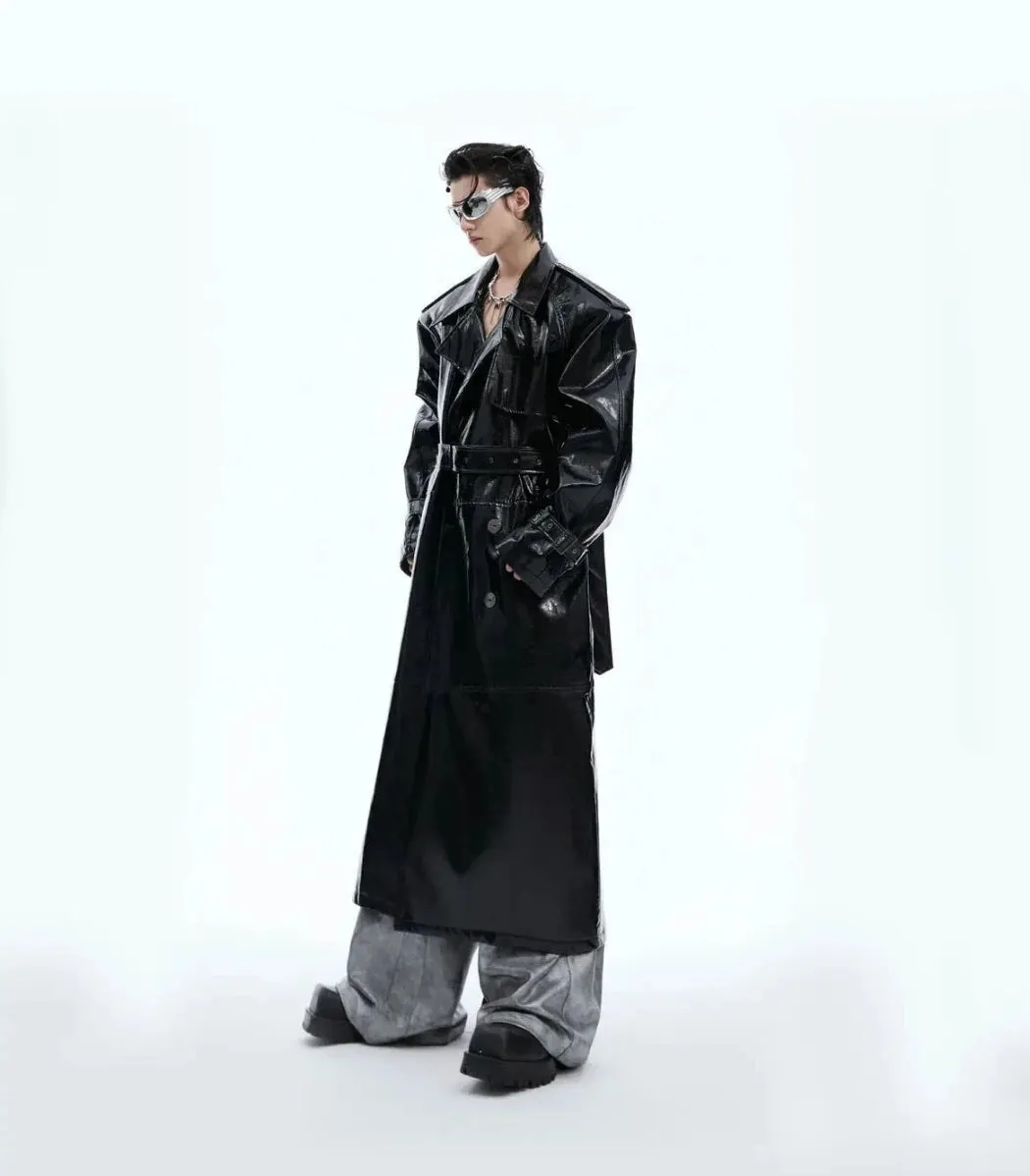 Unisex Extra Long Patent Faux Leather Trench Coat