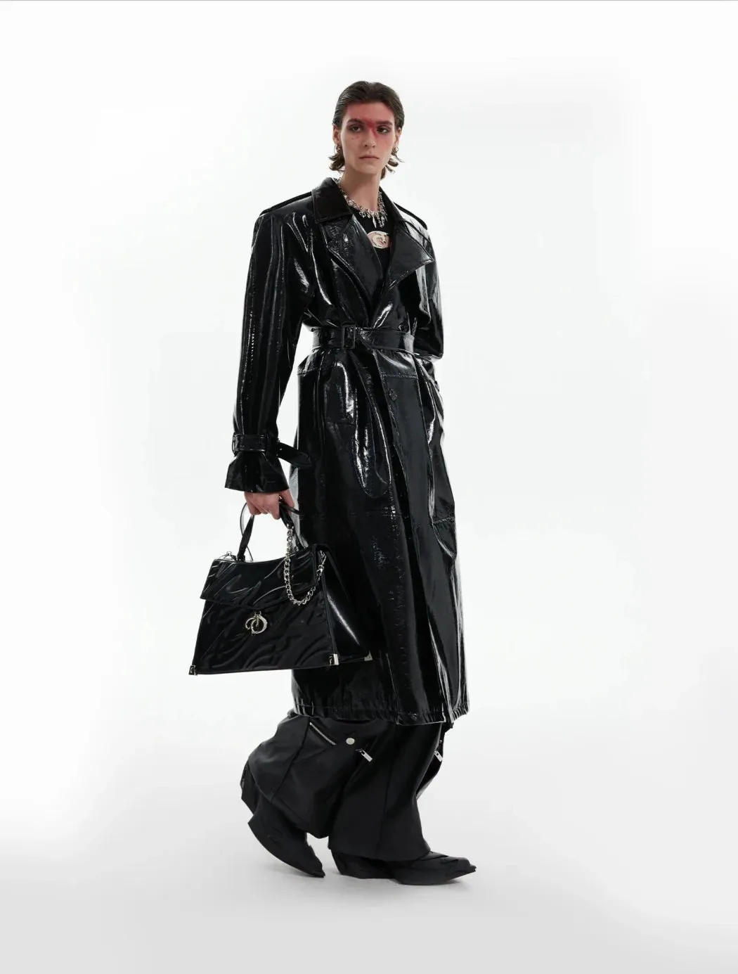 Unisex Extra Long Patent Faux Leather Trench Coat