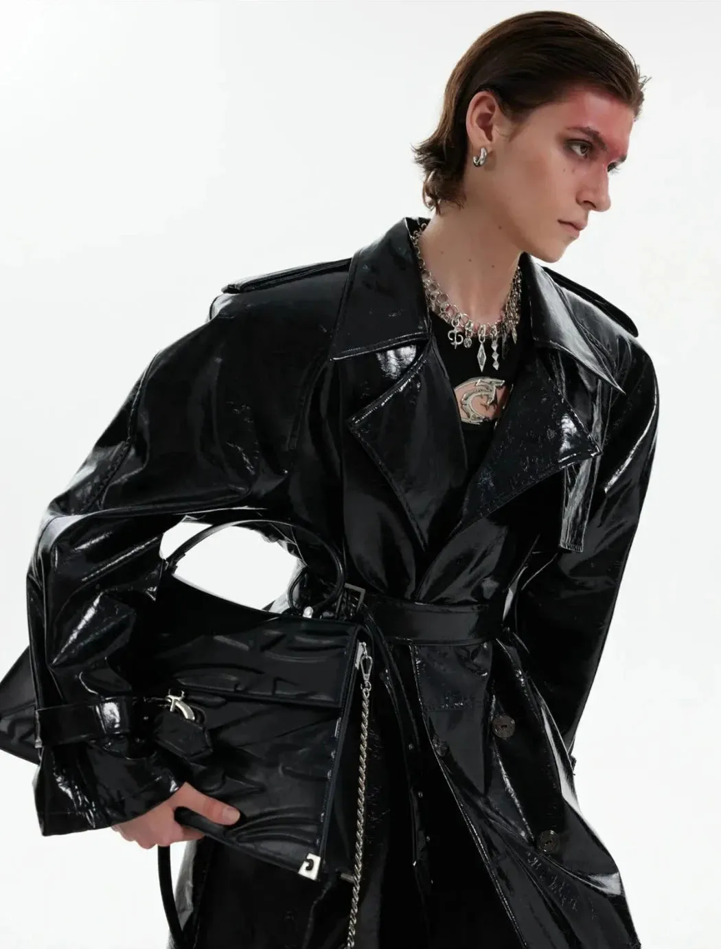 Unisex Extra Long Patent Faux Leather Trench Coat