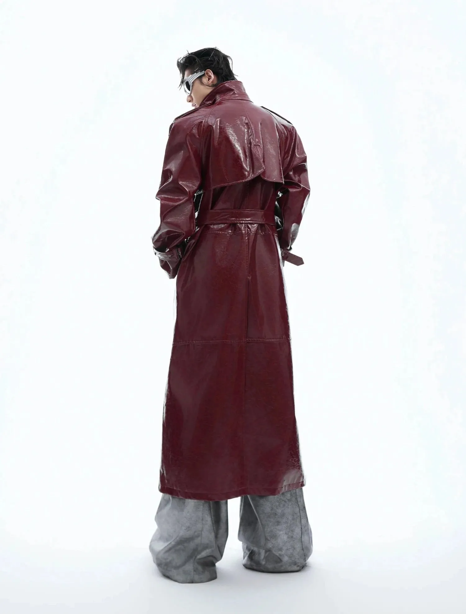 Unisex Extra Long Patent Faux Leather Trench Coat