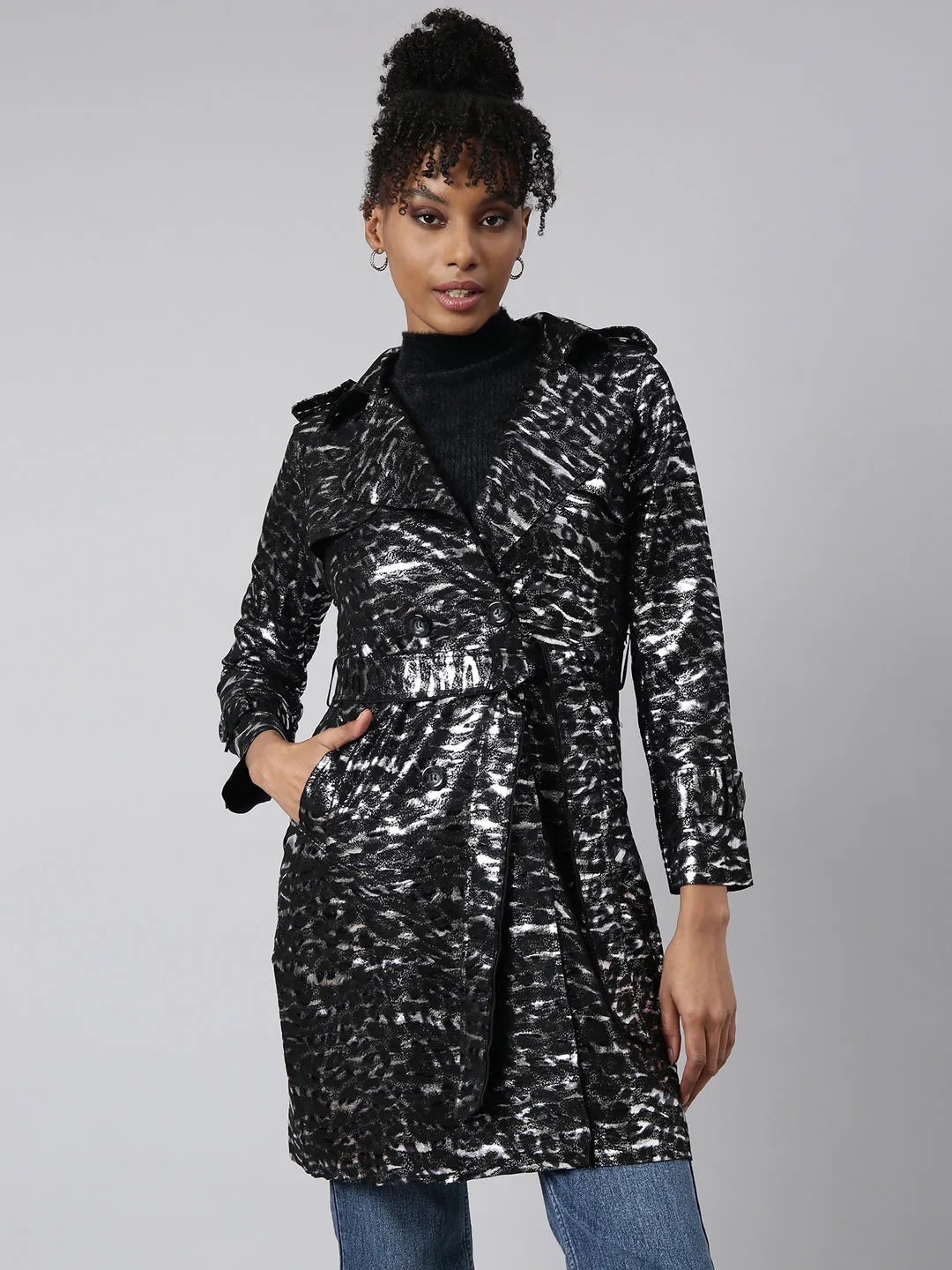 Women Abstract Longline Black Trench Coat