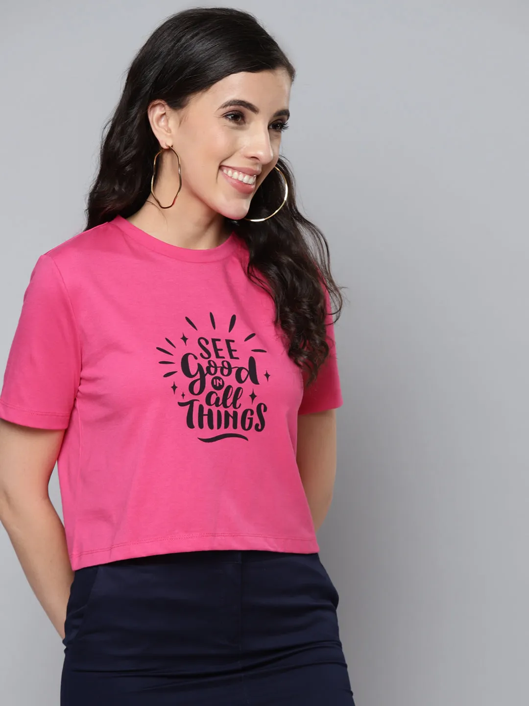 Women Fuchsia See Good Boxy Crop T-Shirt