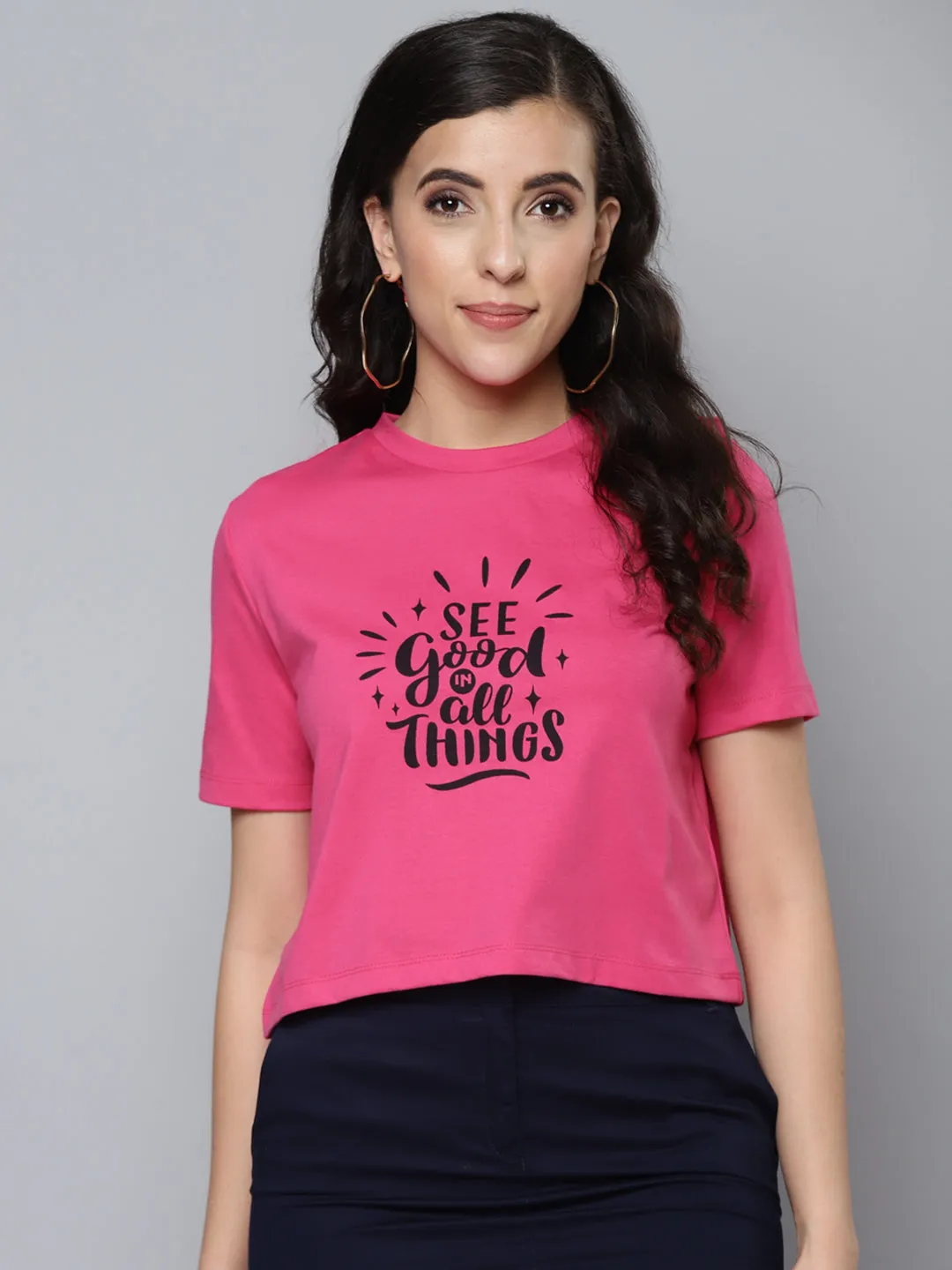 Women Fuchsia See Good Boxy Crop T-Shirt