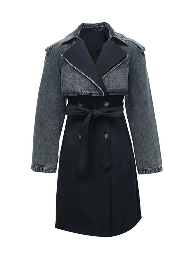 Women's Casual Elegant Denim & Black Trench Coat