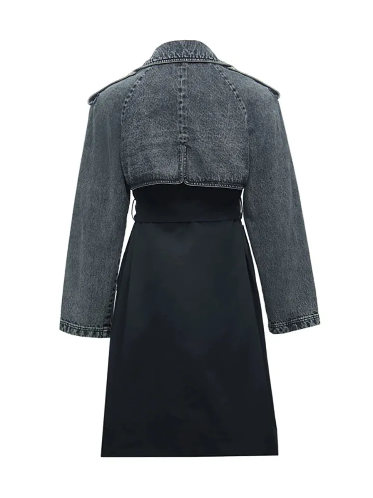 Women's Casual Elegant Denim & Black Trench Coat