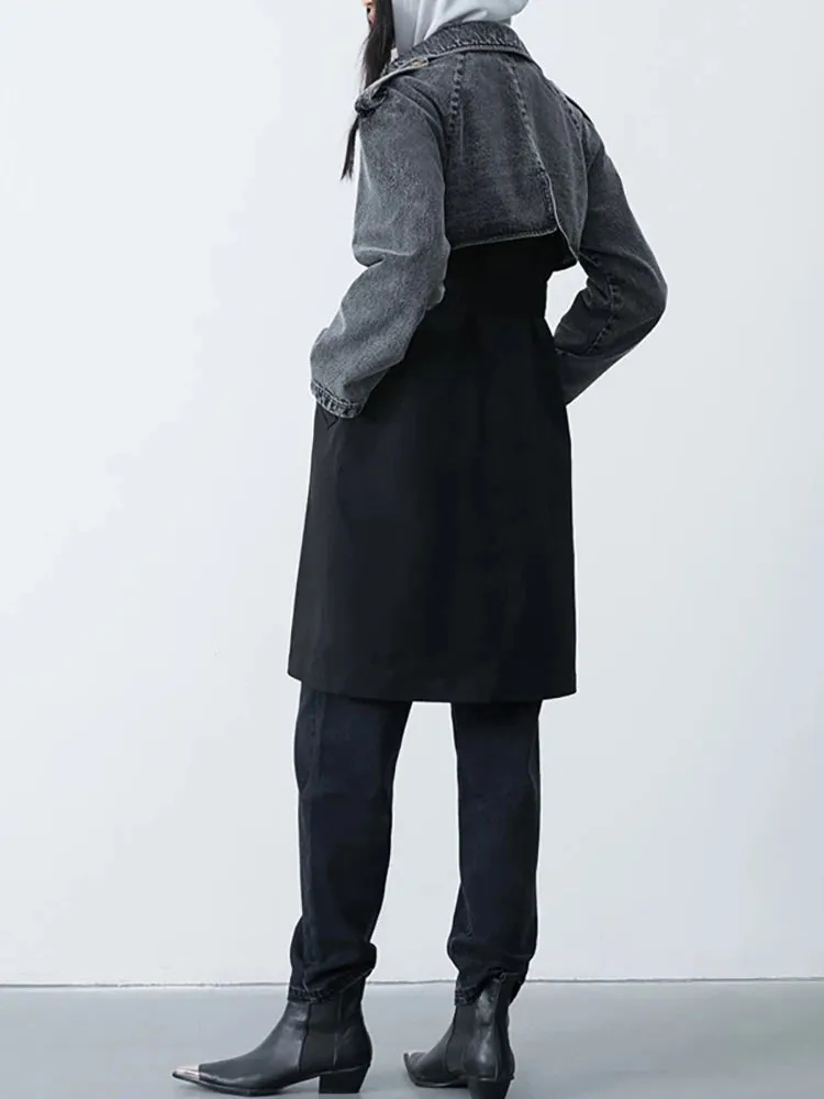 Women's Casual Elegant Denim & Black Trench Coat