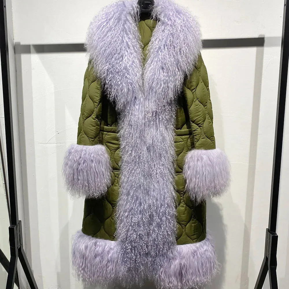 Women's Diamond Quilted Sheep Fur Long Coat