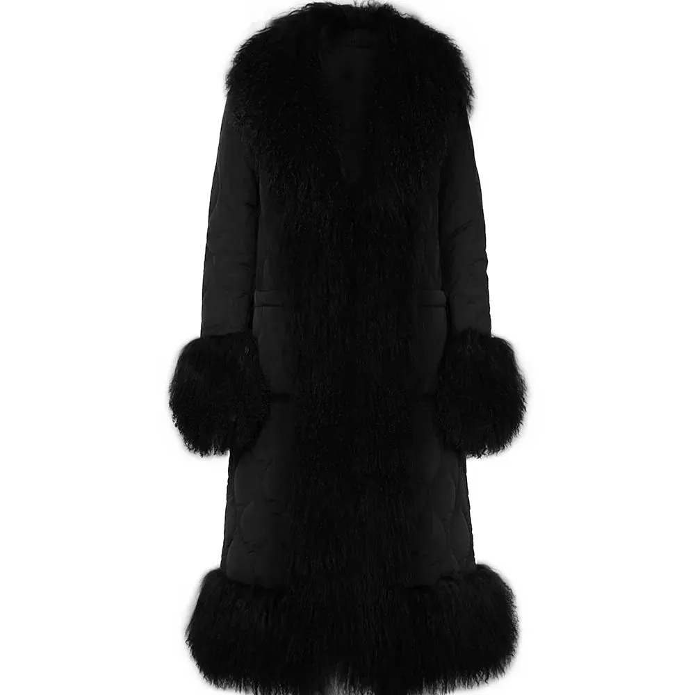 Women's Diamond Quilted Sheep Fur Long Coat