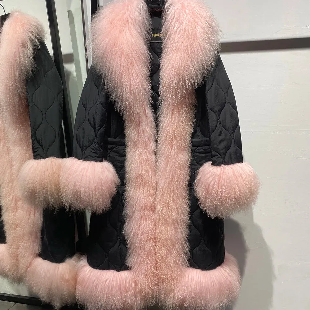 Women's Diamond Quilted Sheep Fur Long Coat