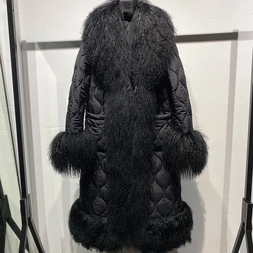 Women's Diamond Quilted Sheep Fur Long Coat