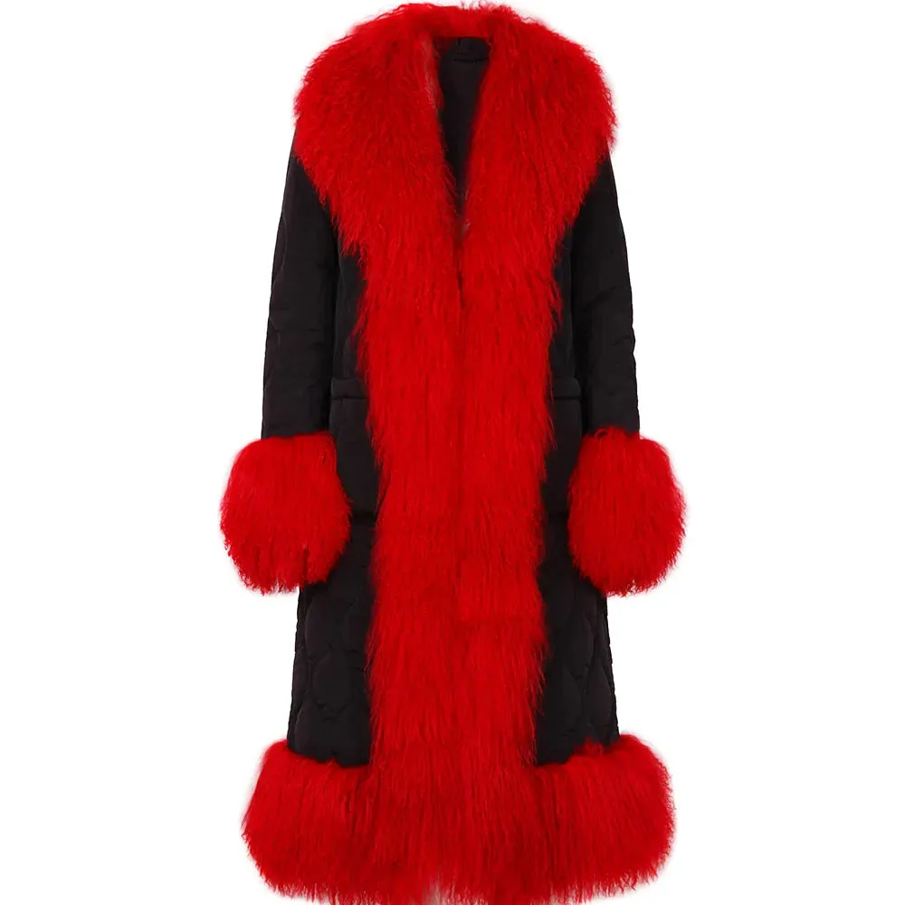 Women's Diamond Quilted Sheep Fur Long Coat