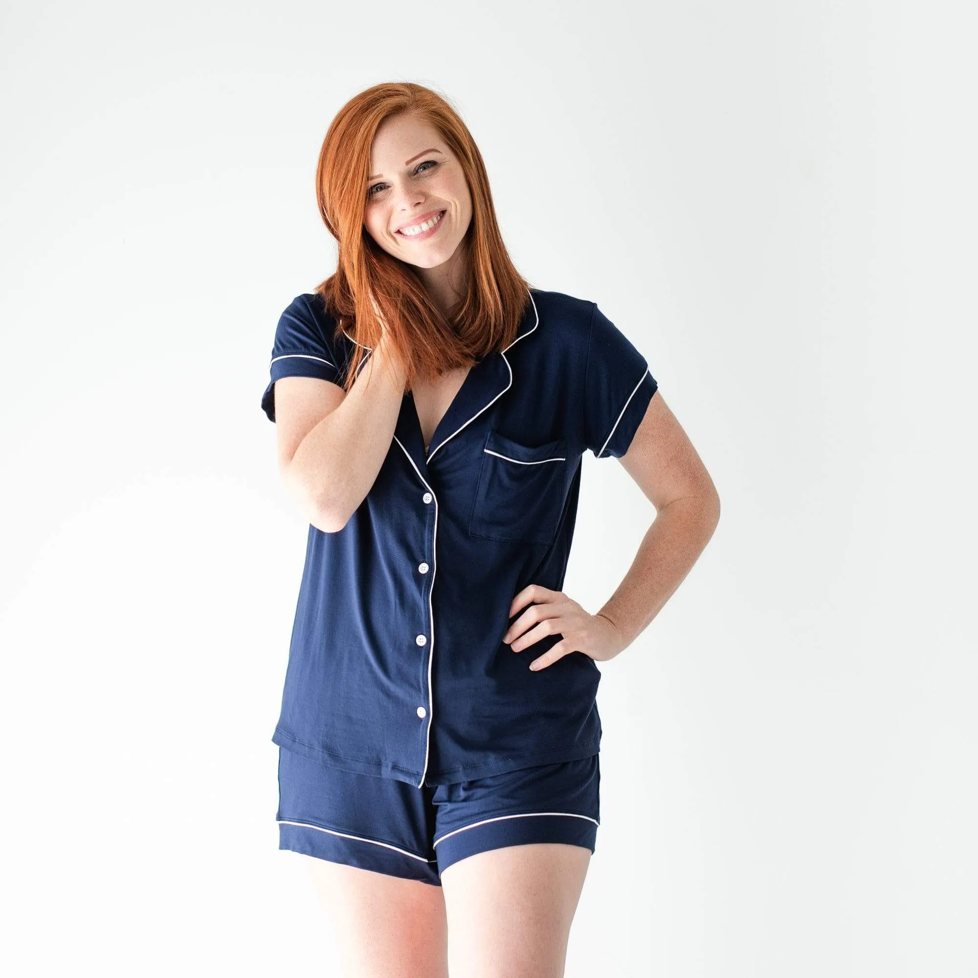 Women’s Short Sleeve Pajama Set in Navy with Cloud Trim