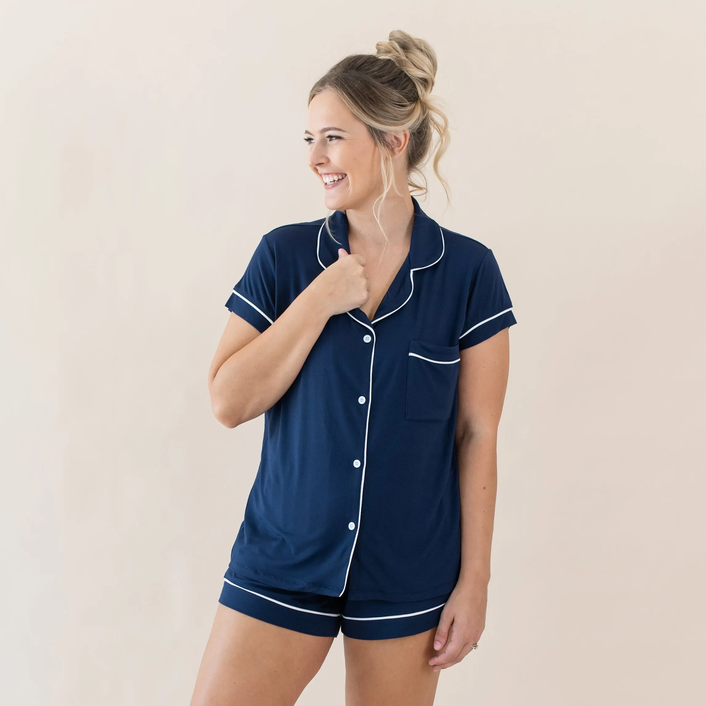 Women’s Short Sleeve Pajama Set in Navy with Cloud Trim