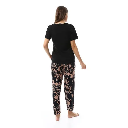 Women's summer pajama Printed cotton T-shirt and viscose pants-Black